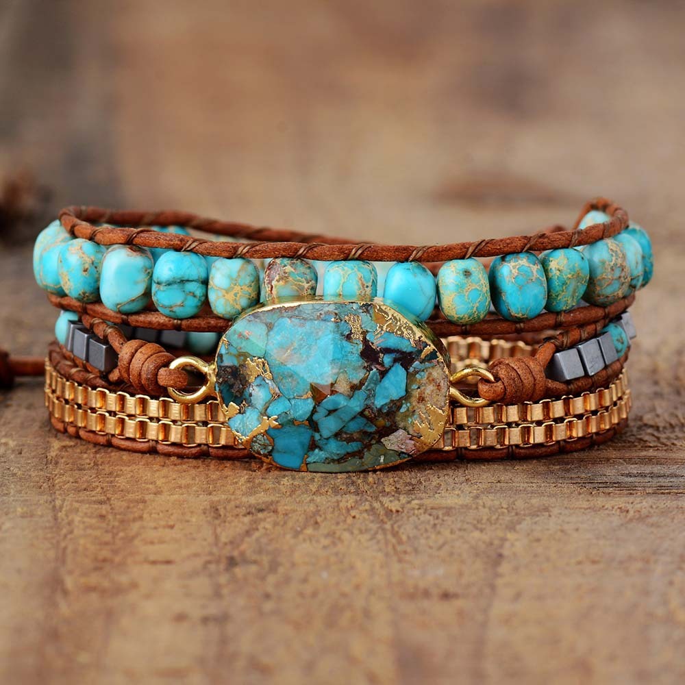 Zenitha Bohemian Tranquility – Turquoise Leather Wrap Bracelet for Calm & Confidence