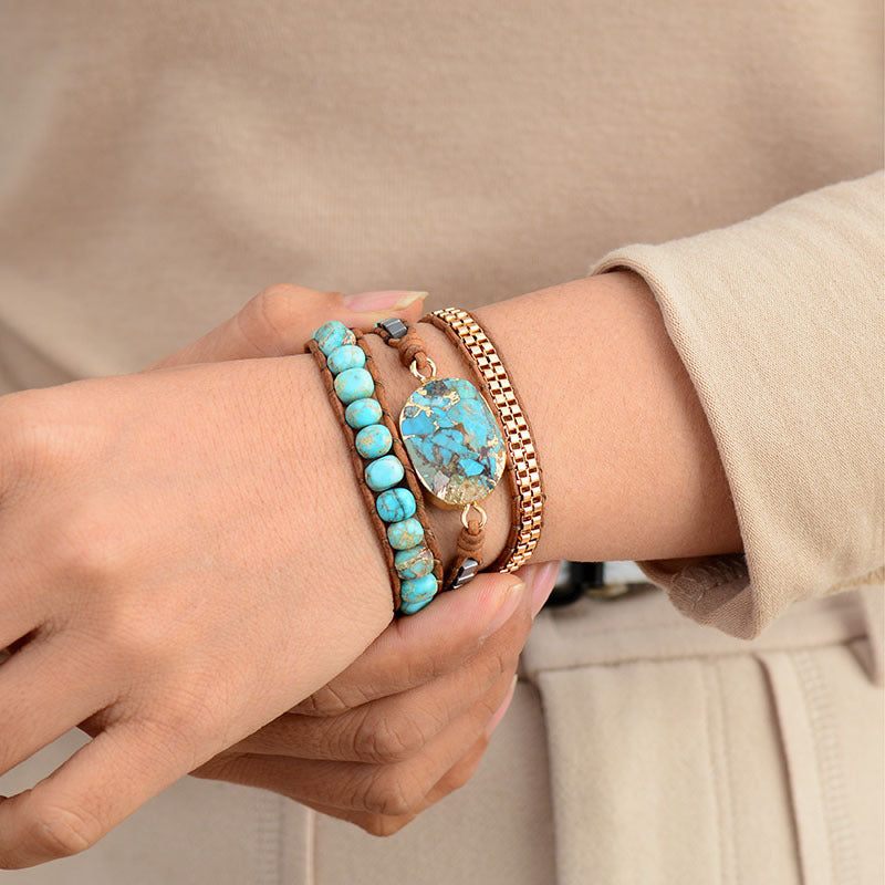 Zenitha Bohemian Tranquility – Turquoise Leather Wrap Bracelet for Calm & Confidence