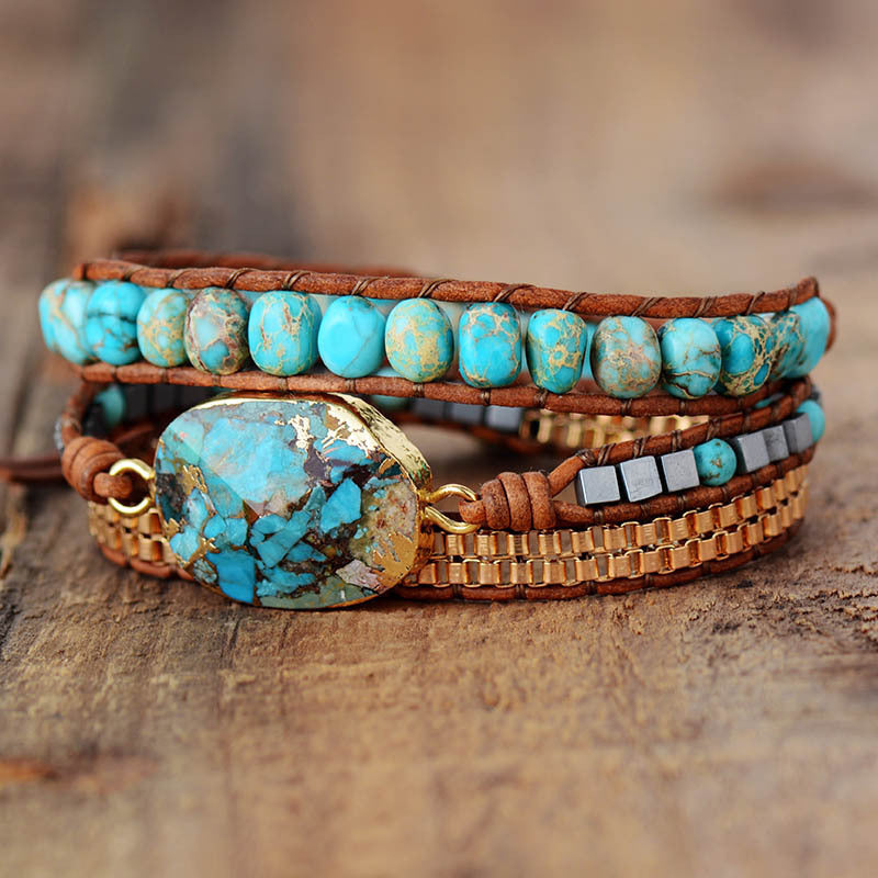 Zenitha Bohemian Tranquility – Turquoise Leather Wrap Bracelet for Calm & Confidence
